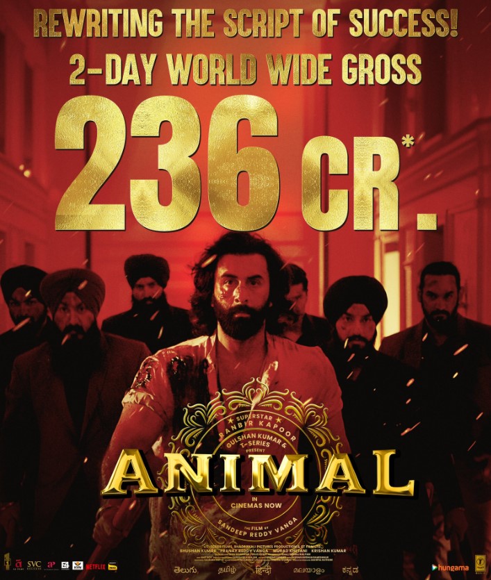 Animal Movie Worldwide Box Office Collection Day 2 Grosses Around ₹235 Crore